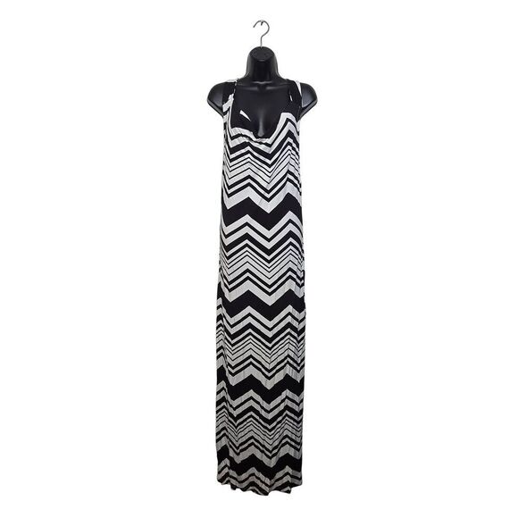 Something Navy Dress Size Small Low Black Drape Neck Striped Chevron Maxi - Picture 1 of 8